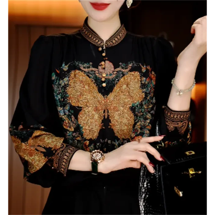 新高端琉璃沙春秋时尚显瘦优雅洋气气质休闲印花百搭半高领领衬衫