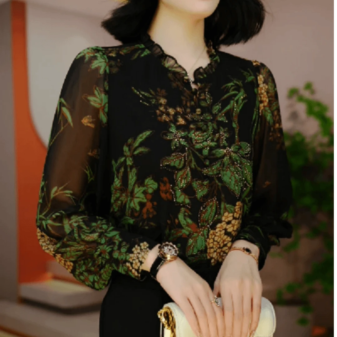 气质秋季新款衬衣衬衫洋气印花双绉丝减龄小衫宽松上衣女时尚