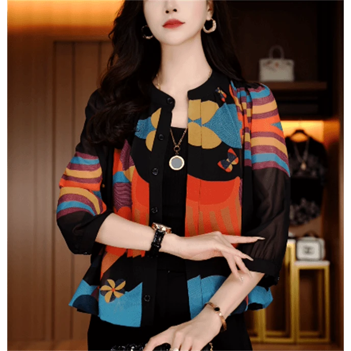 夏季新款高端圆领显瘦减龄气质轻奢女士上衣百搭开衫洋气印花