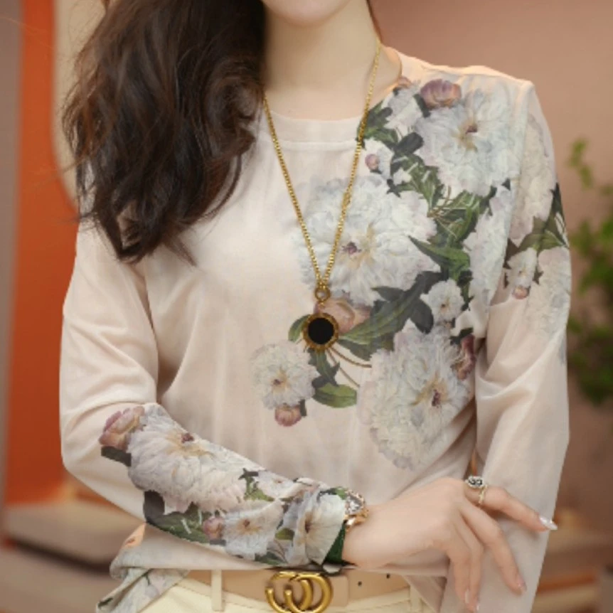 春夏长袖新款肌肤网纱圆领上衣小衫透气双层百搭洋气显瘦气质小衫