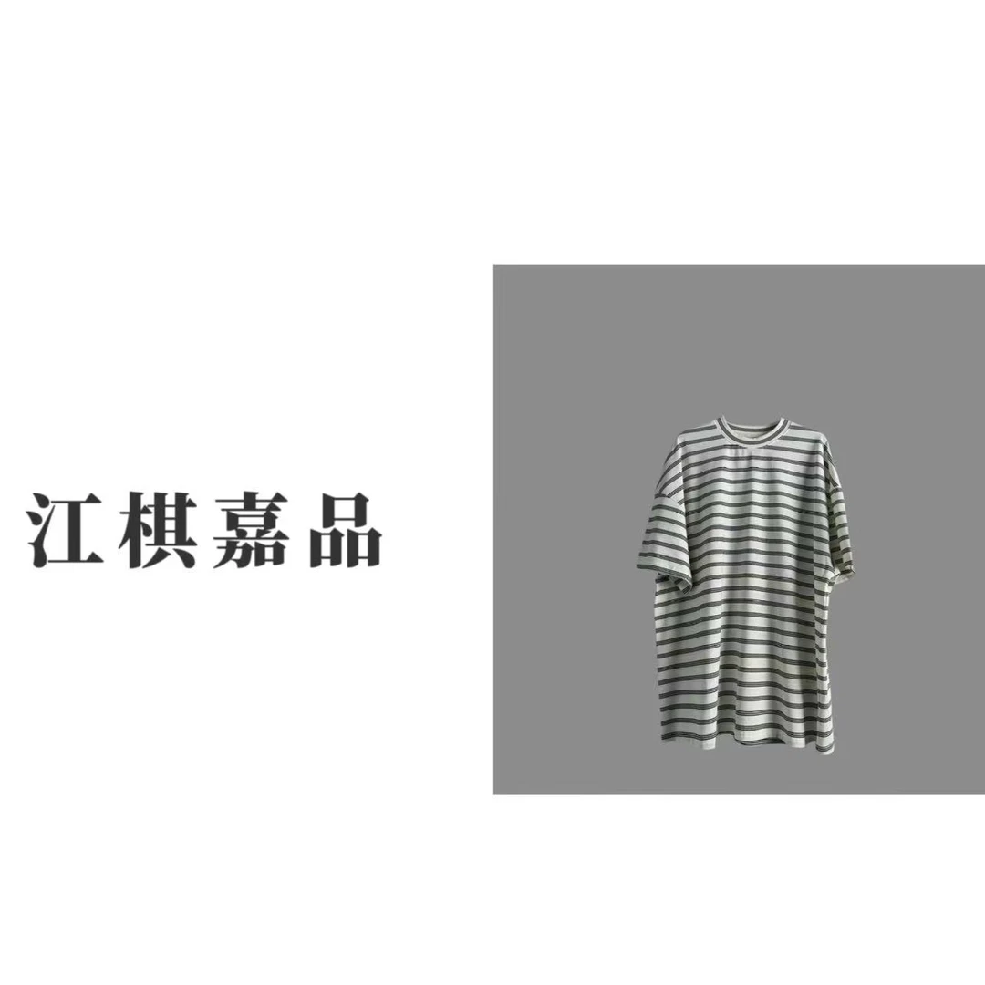 【江棋嘉品】条纹T恤男女同款港风复古美式棉短袖JQ8121