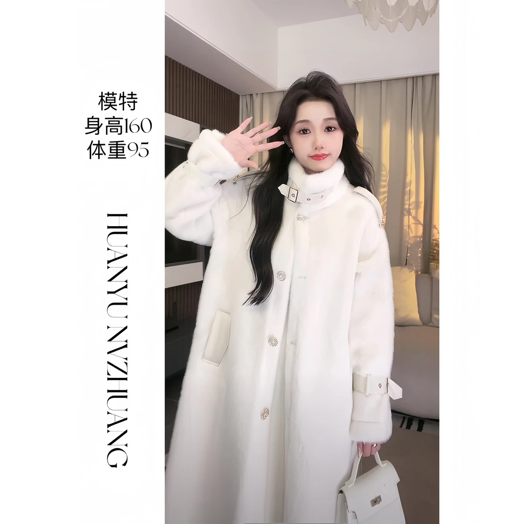 冬季新款气质加厚百搭保暖中长款毛毛外套23036