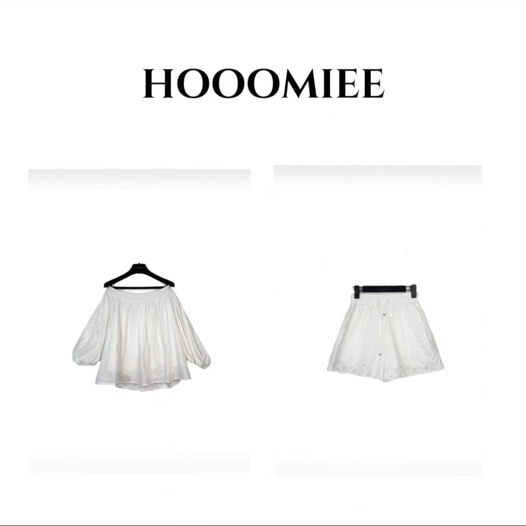 Hooomiee法式复古镂空刺绣一字领套装露肩吊带上衣衬衫+短裤6305