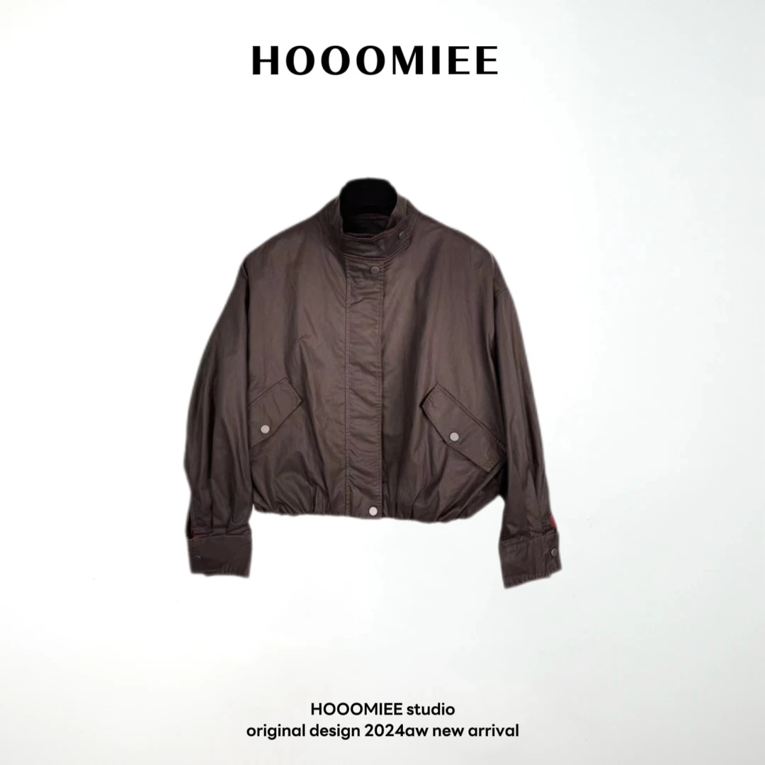 Hooomiee全棉短款拉链外套韩版立领复古感女士夹克243156