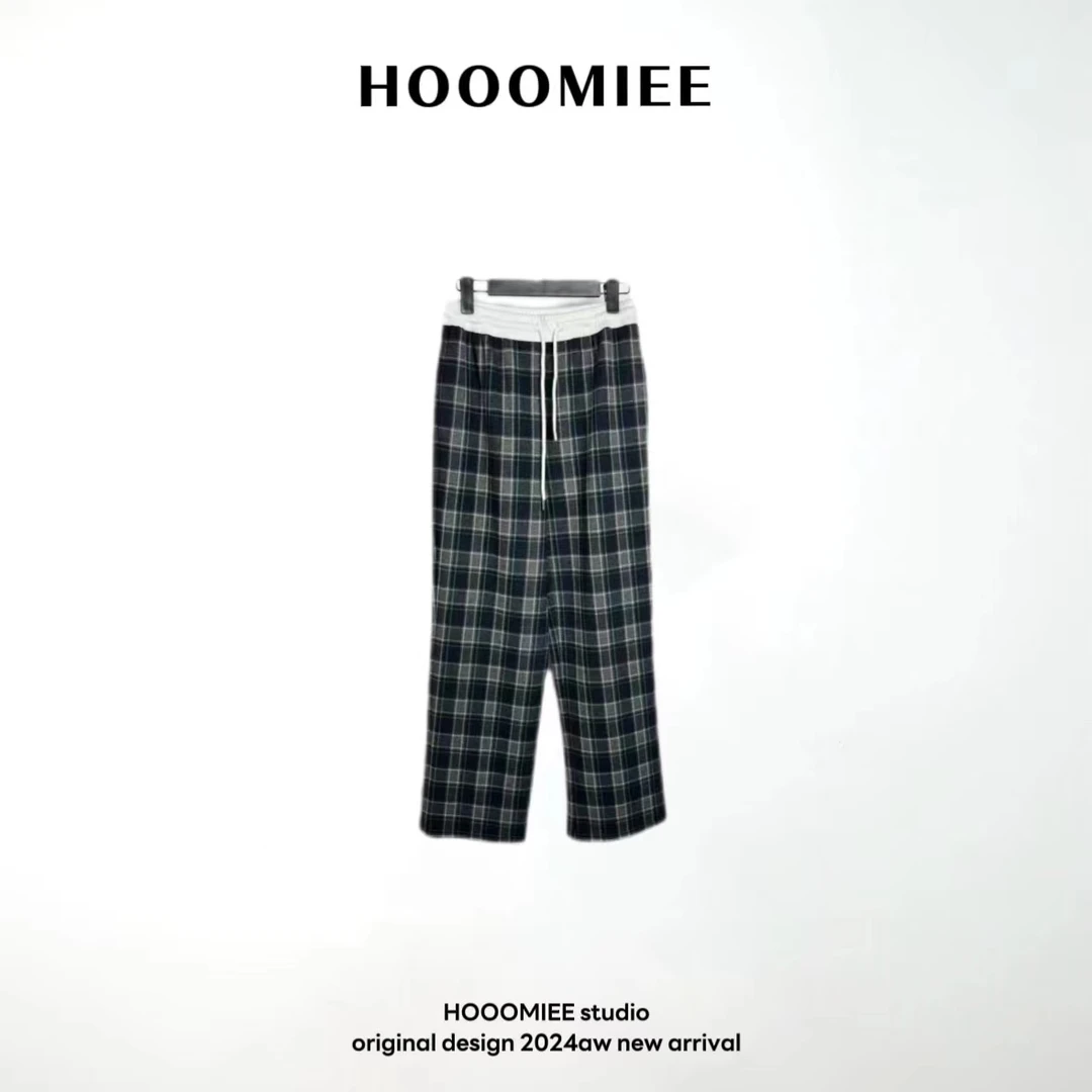 Hooomiee时尚单品蓝格松紧腰抽绳白边休闲裤052