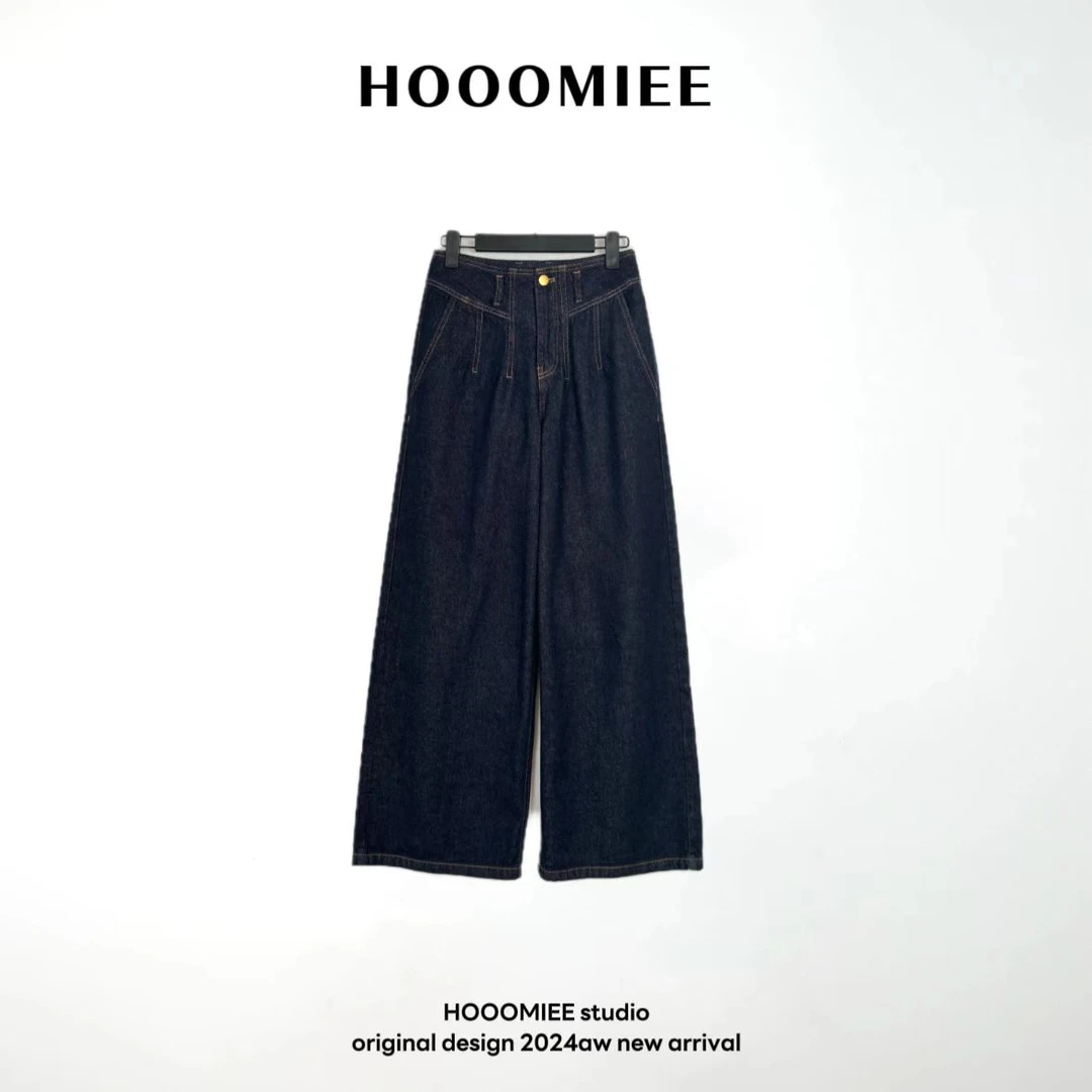 Hooomiee经典美式宽松长裤深蓝色女士高腰阔腿牛仔裤9707