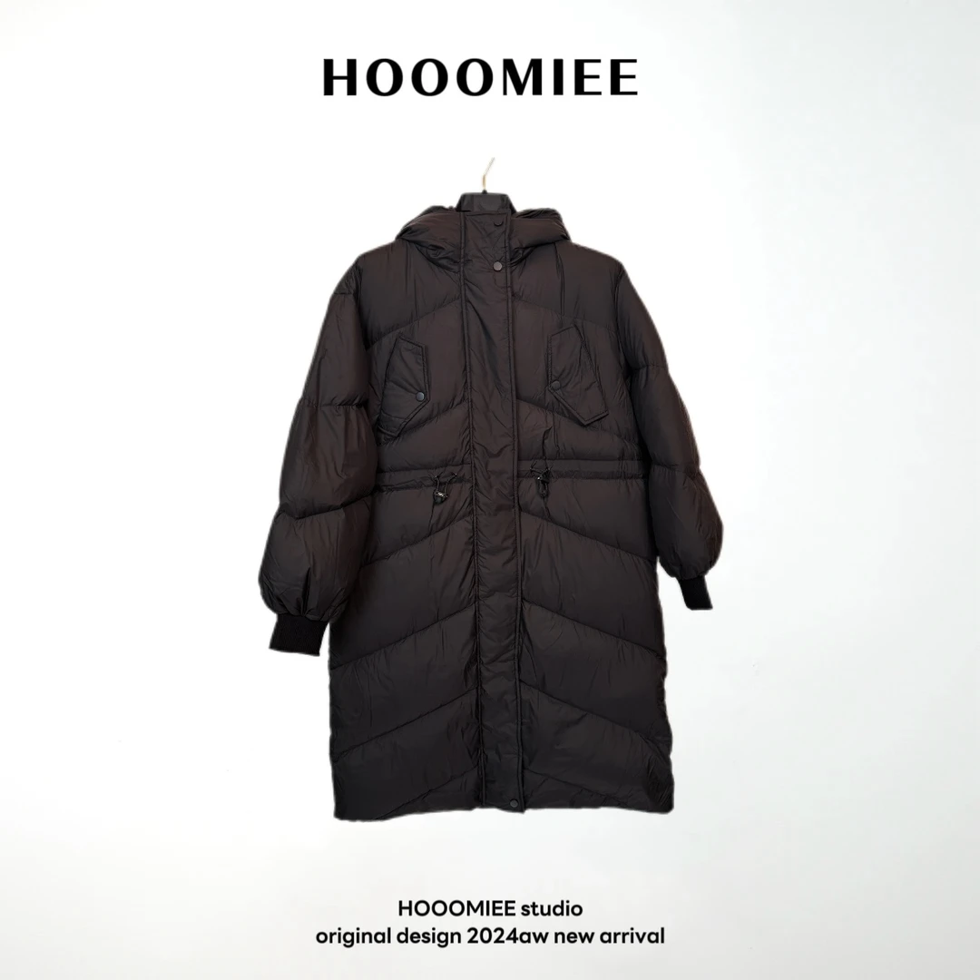 Hooomiee经典廓形收腰柔软保暖连帽女士中长羽绒服479