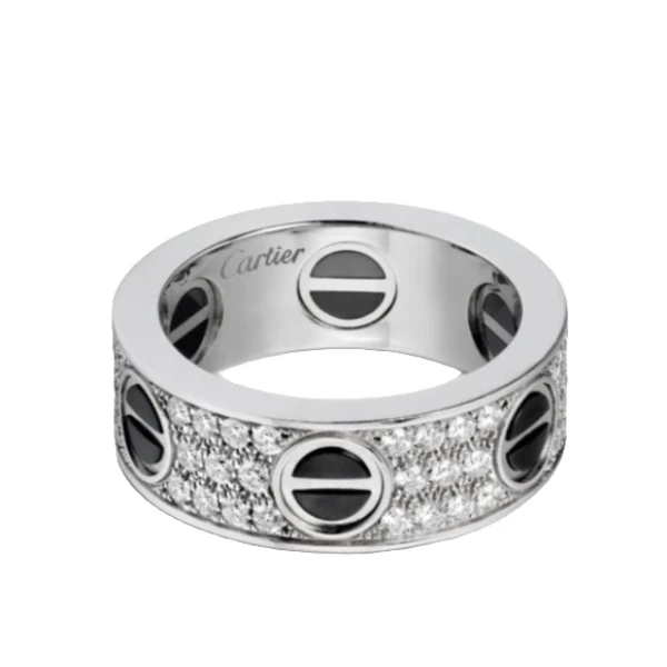 99新 Cartier/卡地亚 LOVE系列 白金满钻宽版版黑陶瓷满天星戒指