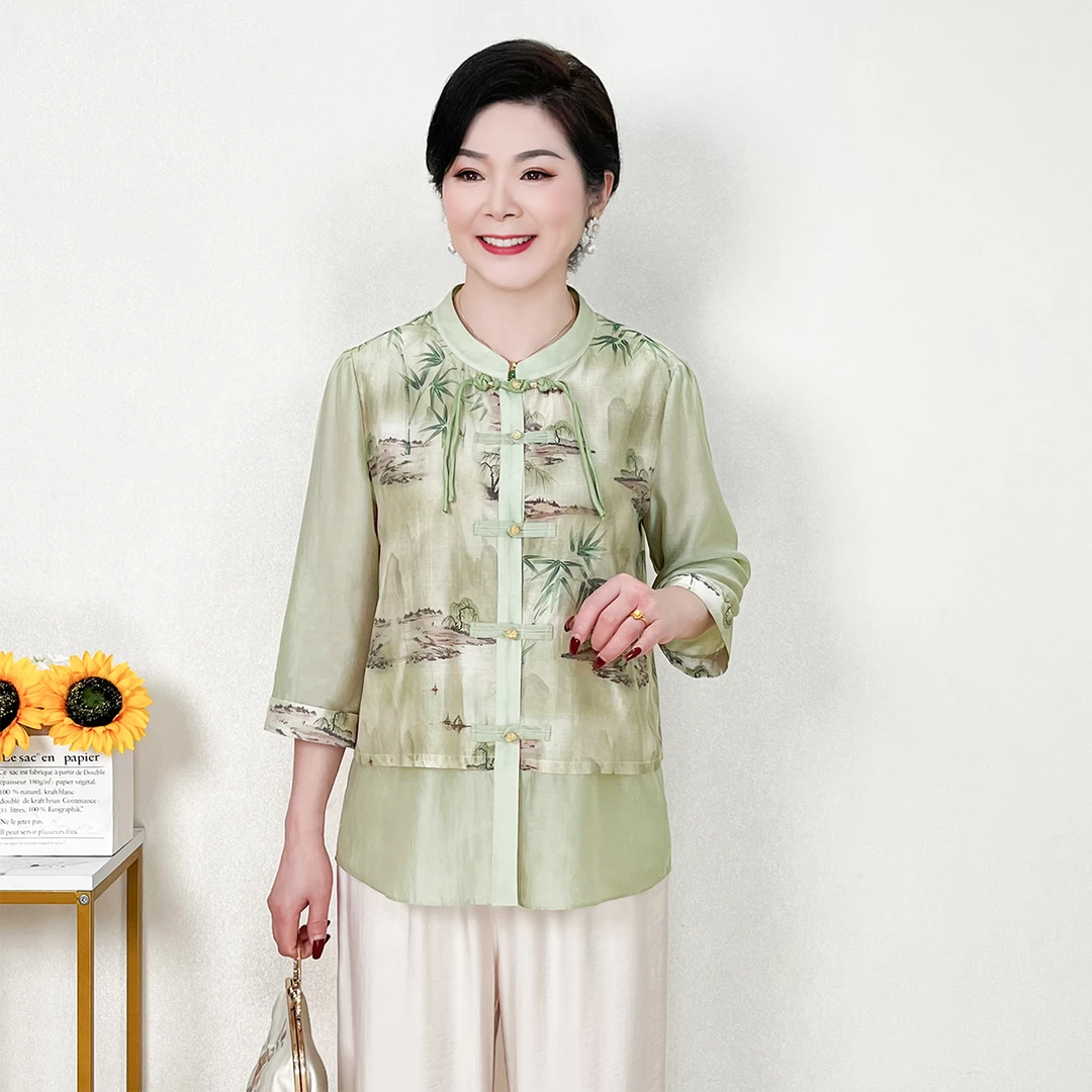 妈妈装春装新中式上衣中年女时尚t恤中老年时尚七分袖衬衫洋气