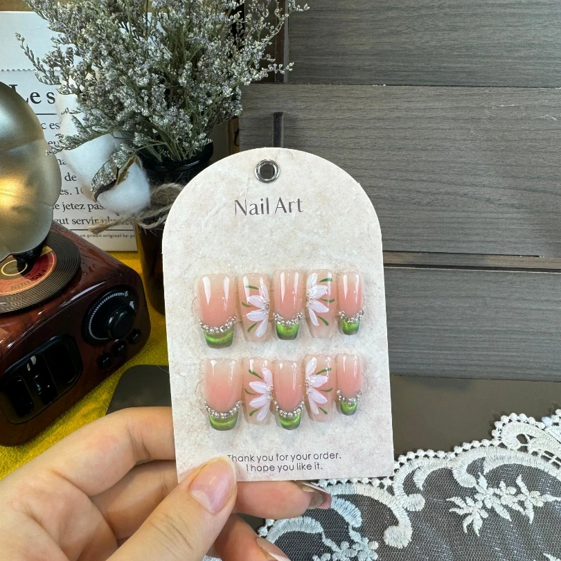 【绿精灵 冰花】法式猫眼 手绘 欣然纯手工穿戴甲甲片