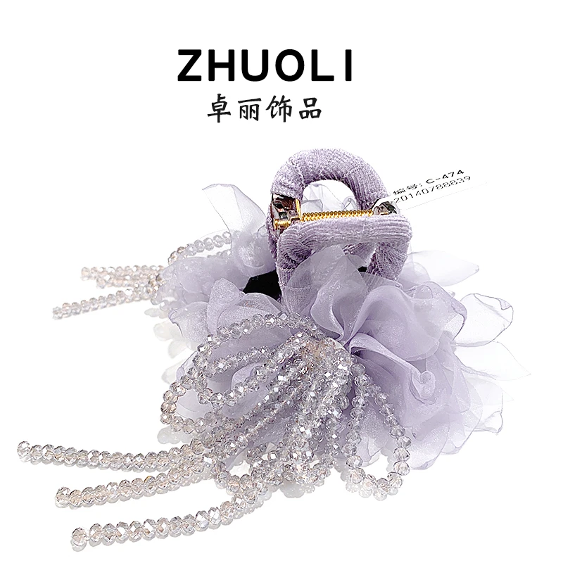 C474韩版紫色花朵流苏抓夹8厘米