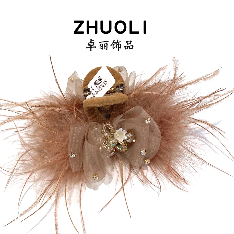 C482韩版咖色蝴蝶结毛毛抓夹13厘米