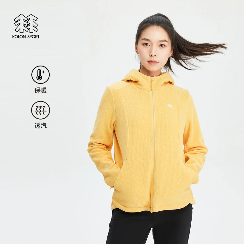 KOLON SPORT可隆抓绒夹克女户外运动保暖抓绒衣露营透汽连帽夹克