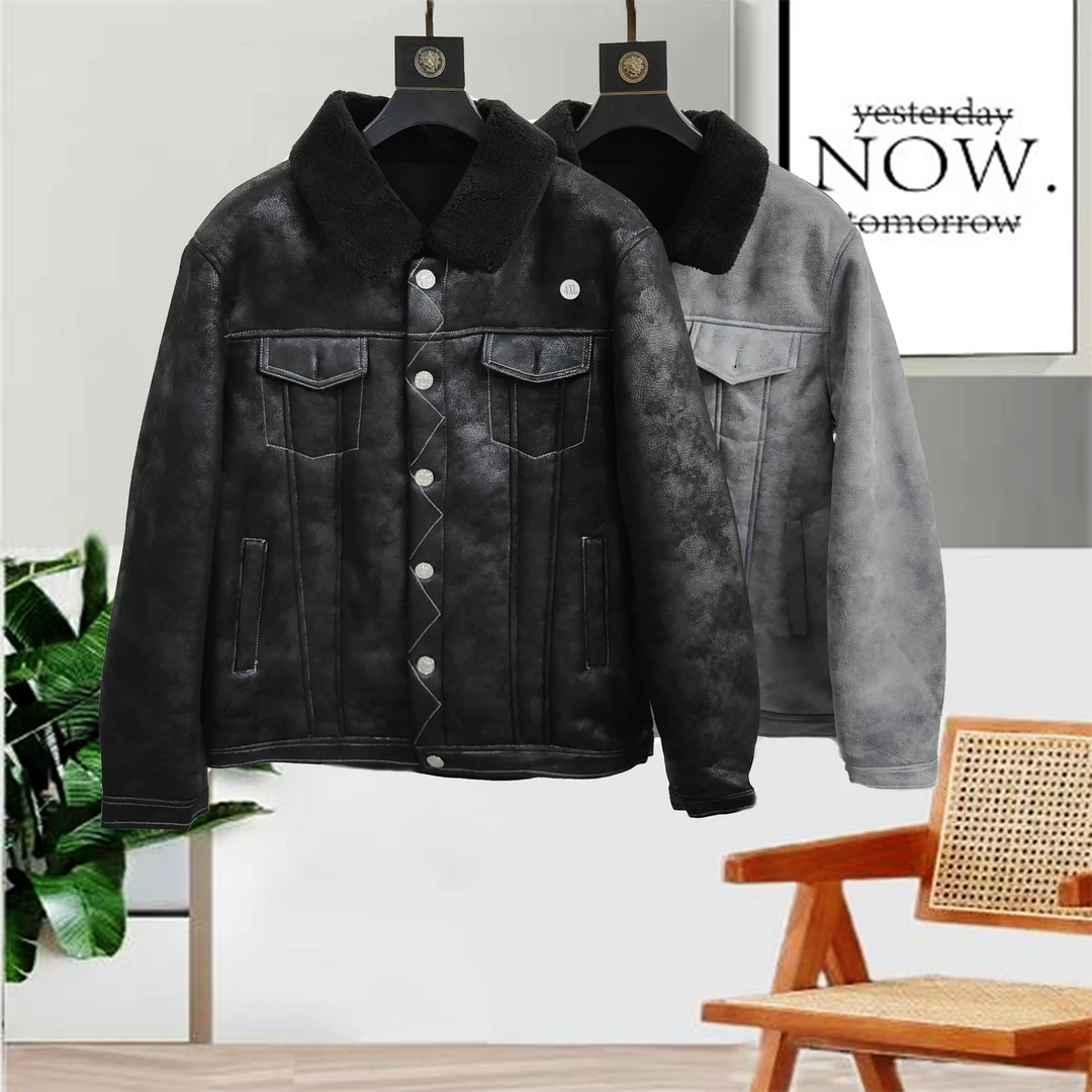 时尚羊羔毛皮毛一体冬季加绒加厚保暖明线设计夹克外套男23302