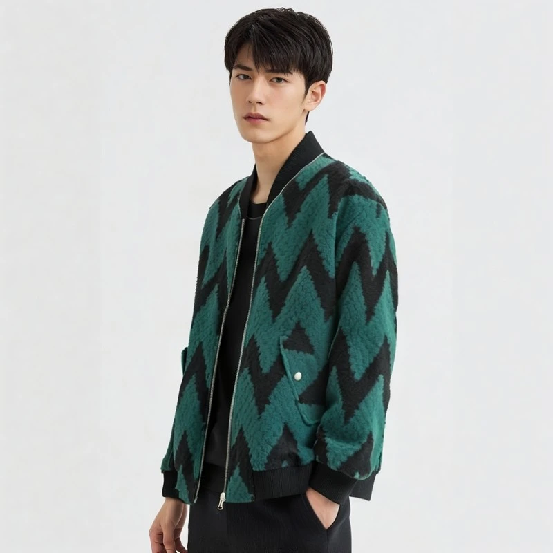 秋冬渐变撞色棒球领飞行夹克男韩版休闲加棉毛呢加厚外套88270