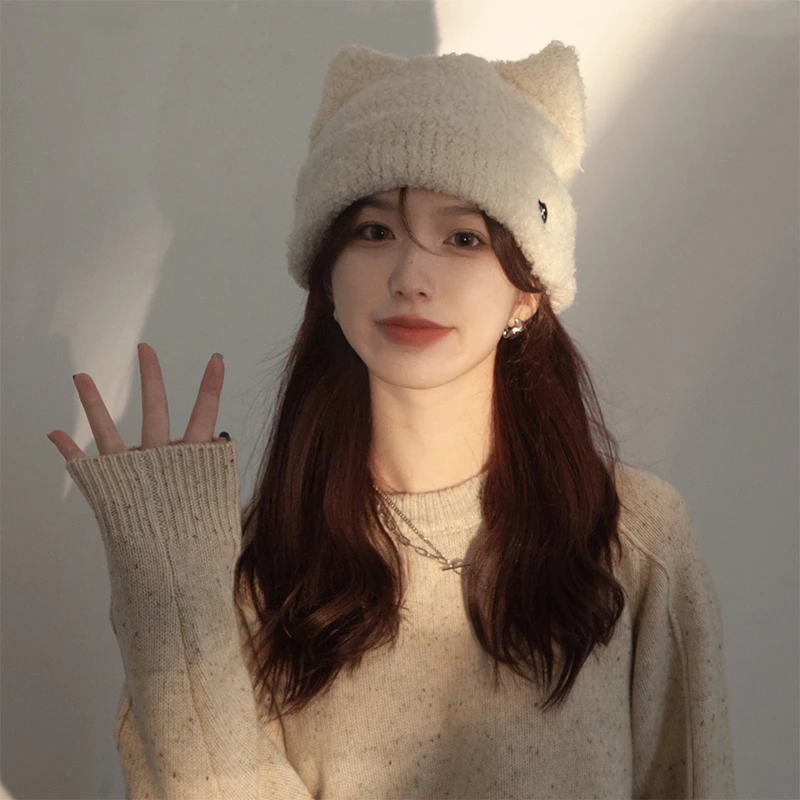 日系甜美可爱猫耳朵爱心刺绣毛线帽子女秋冬保暖护耳毛绒针织帽