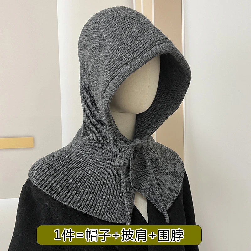 韩国时尚拉法帽子女秋冬季抽绳系扣围脖一体针织帽保暖套头连帽潮