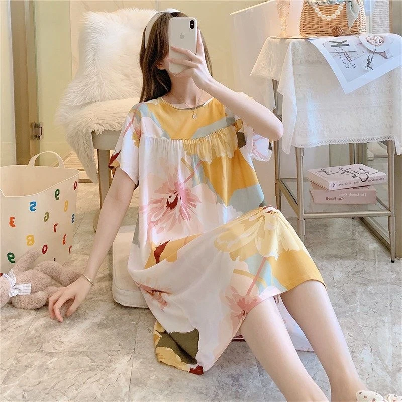 棉绸睡裙女春秋夏季薄款睡衣家居裙新款短袖绵绸少女妈妈装加大码