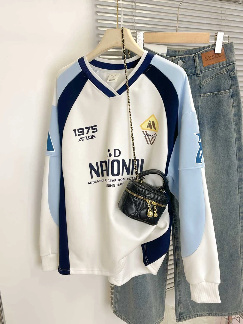 秋冬美式卫衣ins复古男女大码V领打底通勤百搭上衣显瘦慵懒风情侣