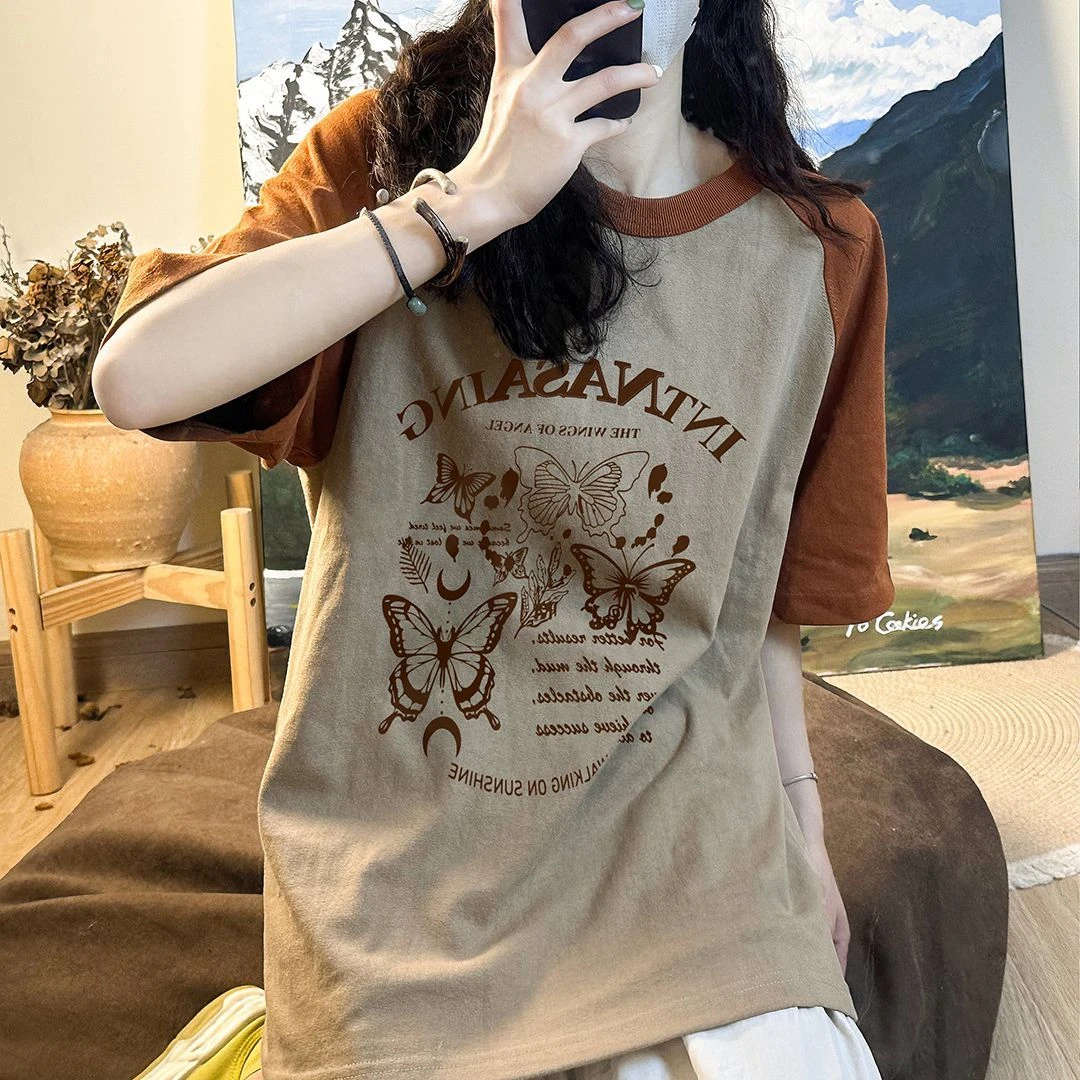 2023古着宽松拼接撞色短袖T恤男女情侣插肩袖休闲大码300斤圆领潮