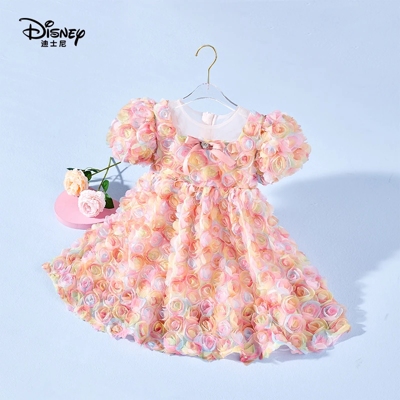 Disney/迪士尼春季儿童公主裙彩色粉色中长款夏季泡泡袖时尚