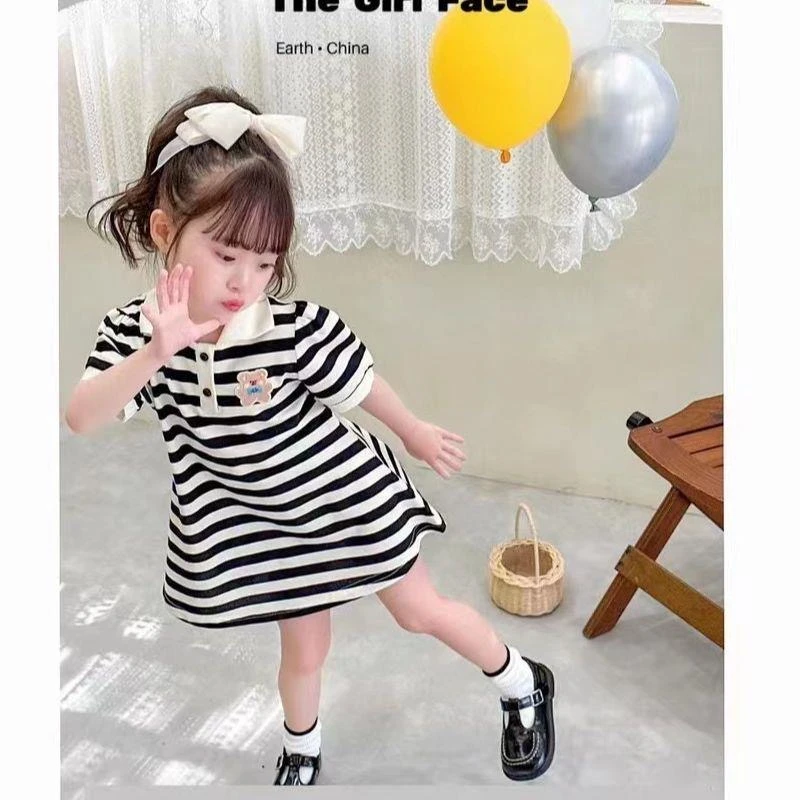 【低价好物】赞女童连衣裙YOYO新款中小童黑白条纹裙子薄款夏女孩