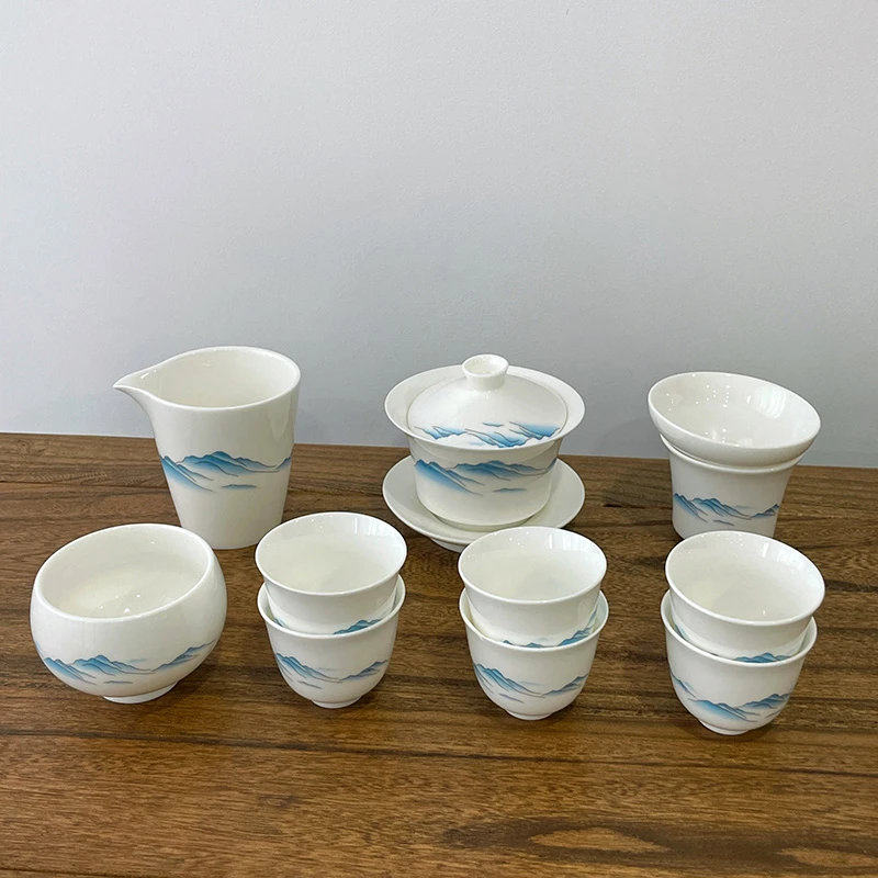 一览众山小羊脂玉白瓷茶具套装高档简约新品整套盖碗茶杯安全包装