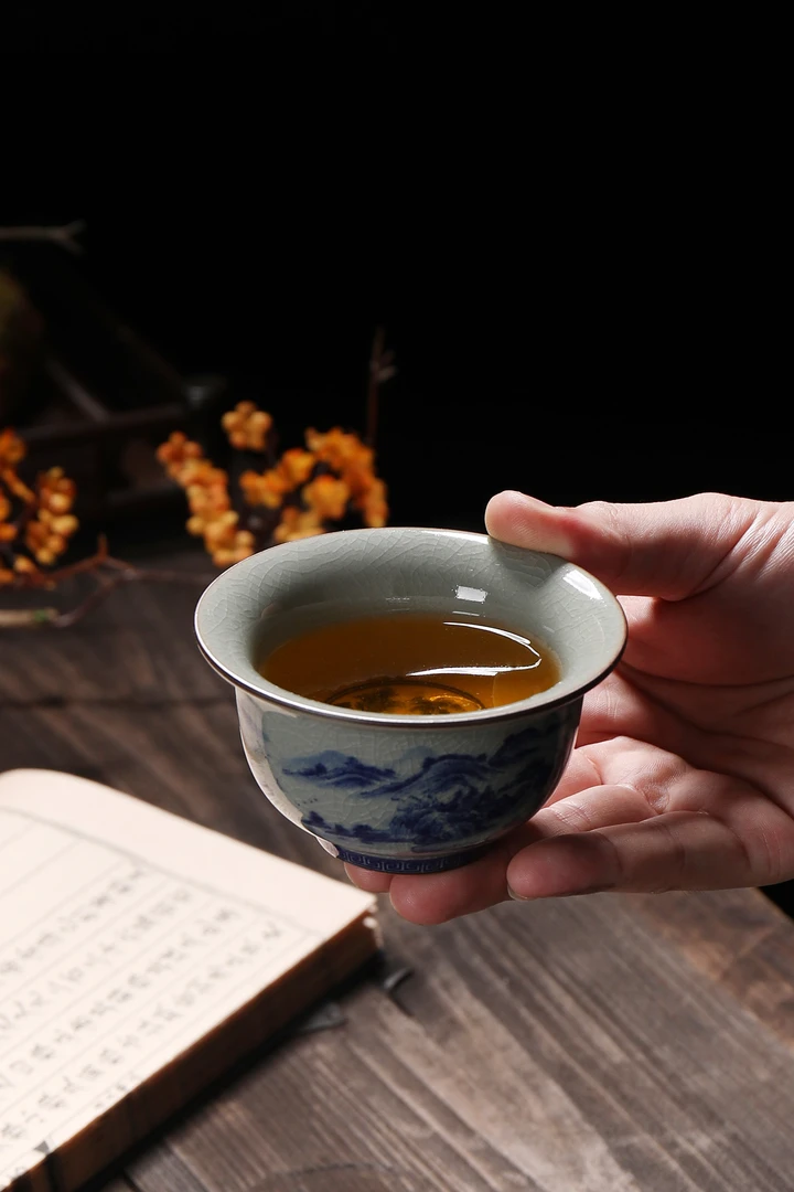 老陶泥青花釉里红压手杯主人杯复古茶杯大号单个陶瓷大容量