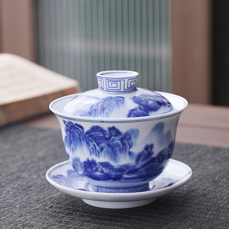 简约家用青花瓷盖碗陶瓷功夫茶具单个泡茶碗大容量三才盖碗釉下彩