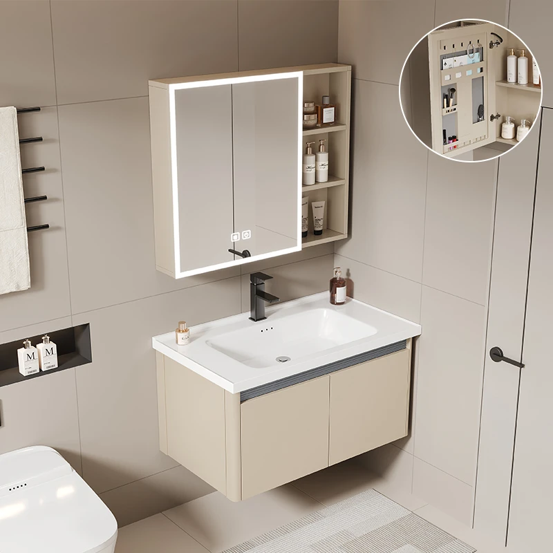 奶油风浴室柜陶瓷一体盆卫生间洗脸盆组合洗手一体盆浴室柜一体盆