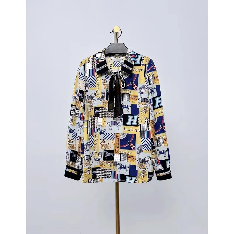 秋冬新款时尚几何印花衬衫气质雪纺上衣 赫3017A