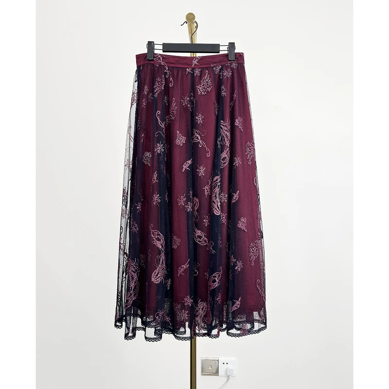 秋冬新款小个子百搭A字裙碎花网纱半身裙 赫8239B