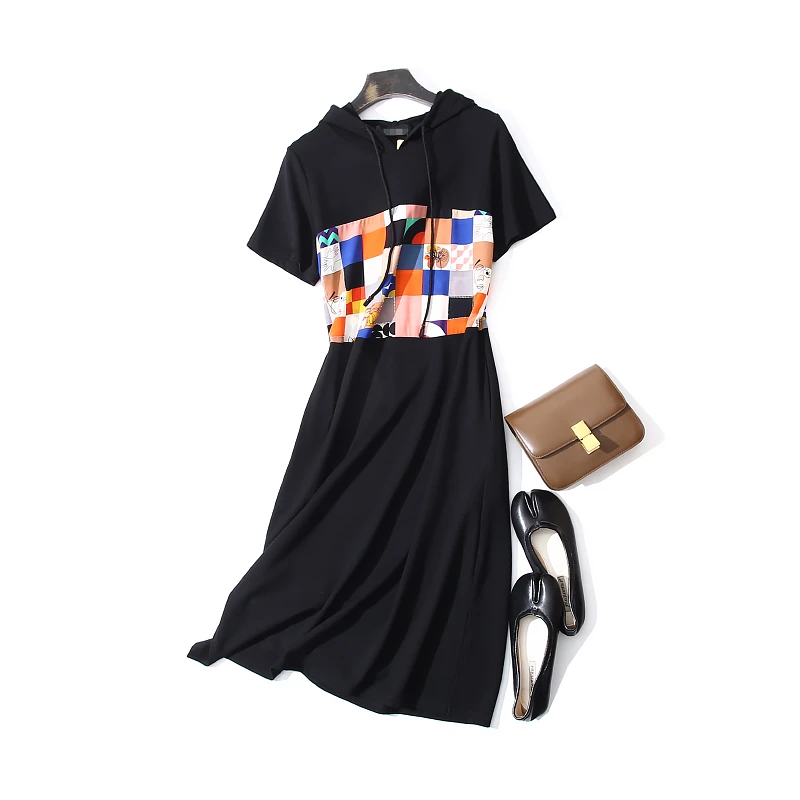 春夏新款宽松钉珠贴布棉休闲连帽连衣裙 赫D 2855P