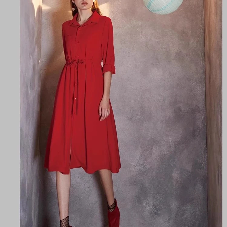 秋冬新款温柔风系带修身气质A字连衣裙 赫3156P