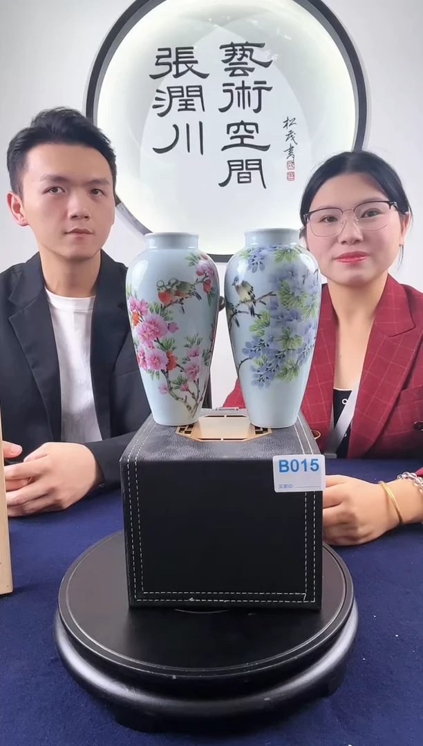 【闪购商品】摆件张润川粉彩花鸟小赏瓶一对015