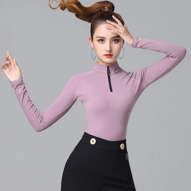 拉丁舞上衣女国标舞新款长袖成人舞蹈练功服高领拉链摩登舞交谊舞