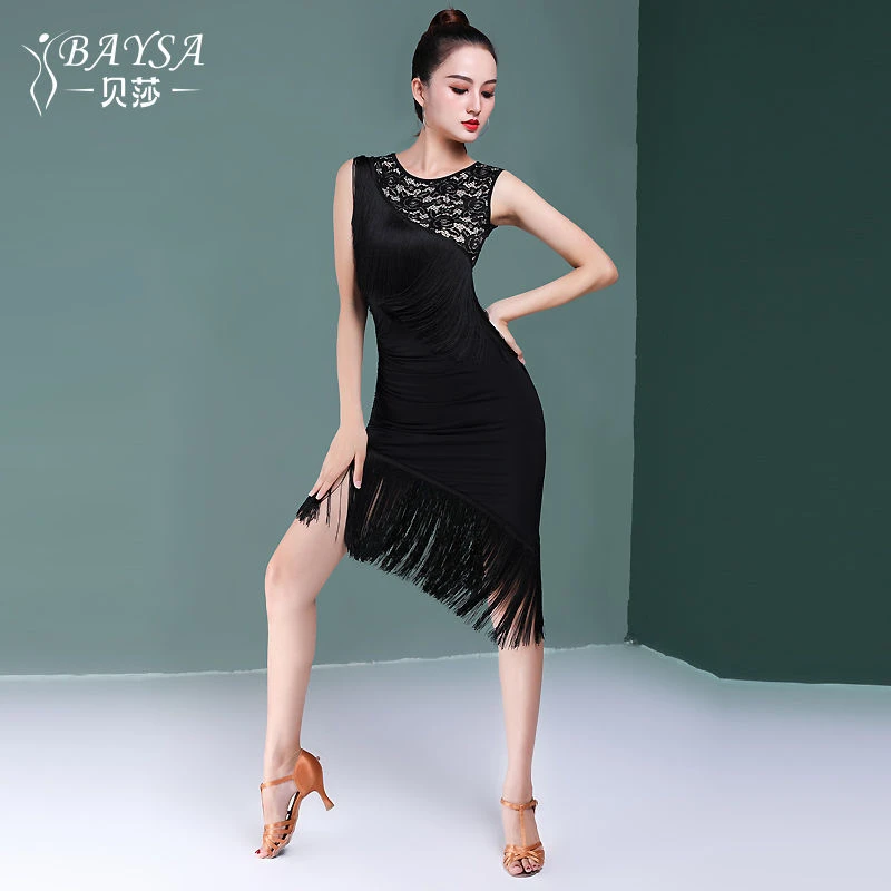贝莎拉丁舞服女成人新款蕾丝流苏无袖舞蹈练功服连衣裙Y19-137L