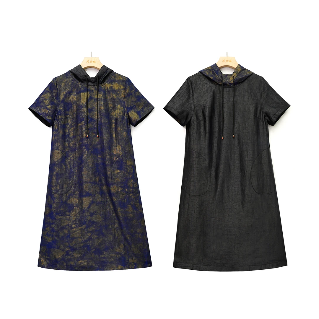 香云纱100%桑蚕丝夏季上新双面穿蓝色金粉带帽连衣裙CD24071701