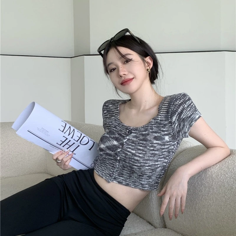 法式复古混色针织衫女美式甜酷修身气质短款辣妹上衣