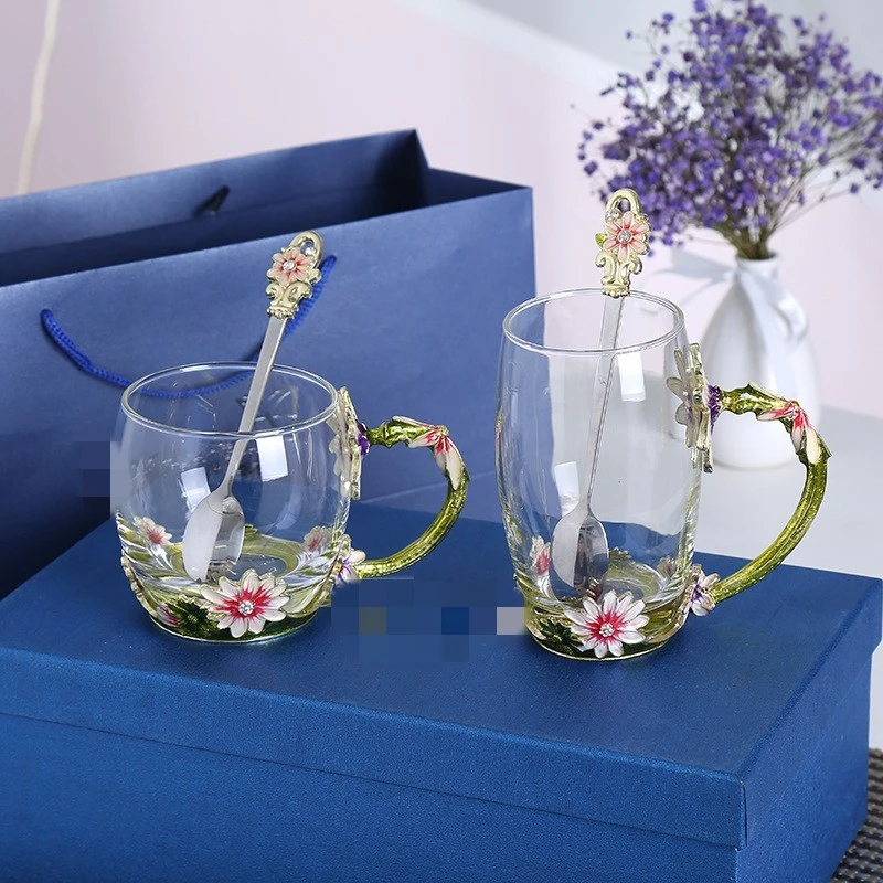 新款珐琅水杯家用客厅花茶杯闺蜜咖啡杯商用水晶玻璃杯礼品刻字杯