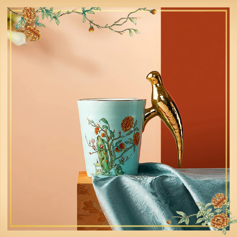 玛戈隆特同款描金瓷鸟杯大容量家用送礼高档高品质喝水杯