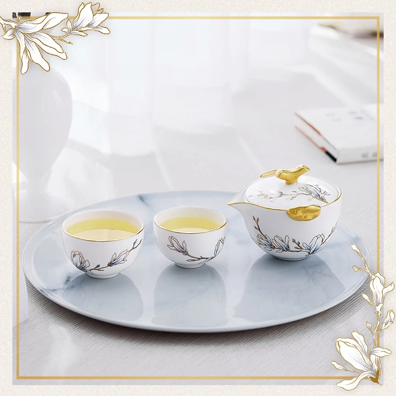 玛戈隆特 黄金珐琅彩 玉兰花4头骨瓷一壶两杯旅行茶具