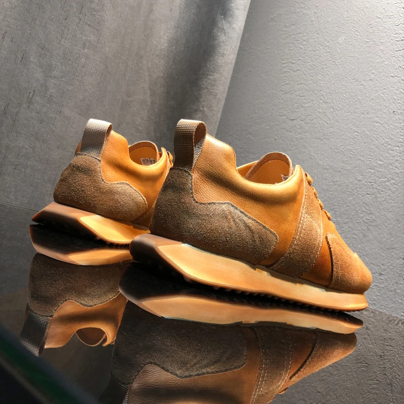 小众原创做旧真皮经典华夫阿甘鞋男休闲德训鞋超火软底系带运动鞋