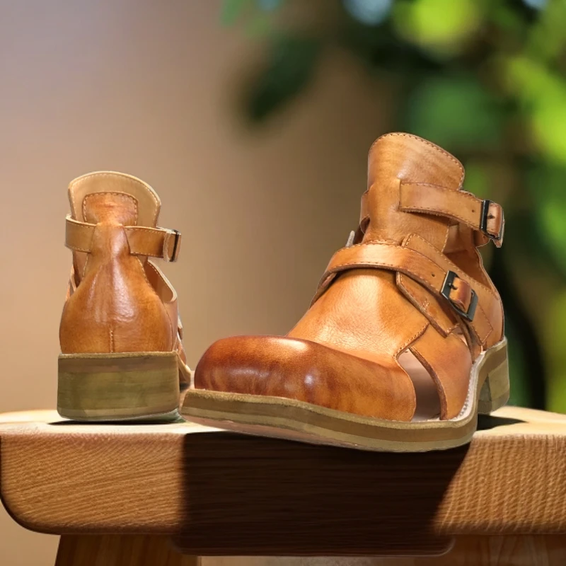 小众原创纯手工男士凉靴编织牛皮罗马休闲包头凉鞋厚底做旧凉鞋男