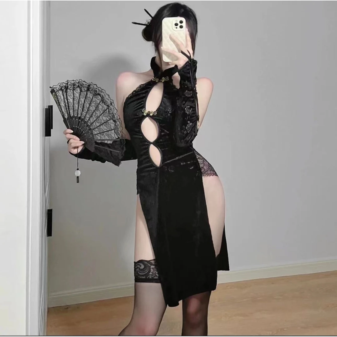 性感御姐情调旗袍免脱连体睡衣复古纯欲趣味内衣睡裙镂空蕾丝睡衣