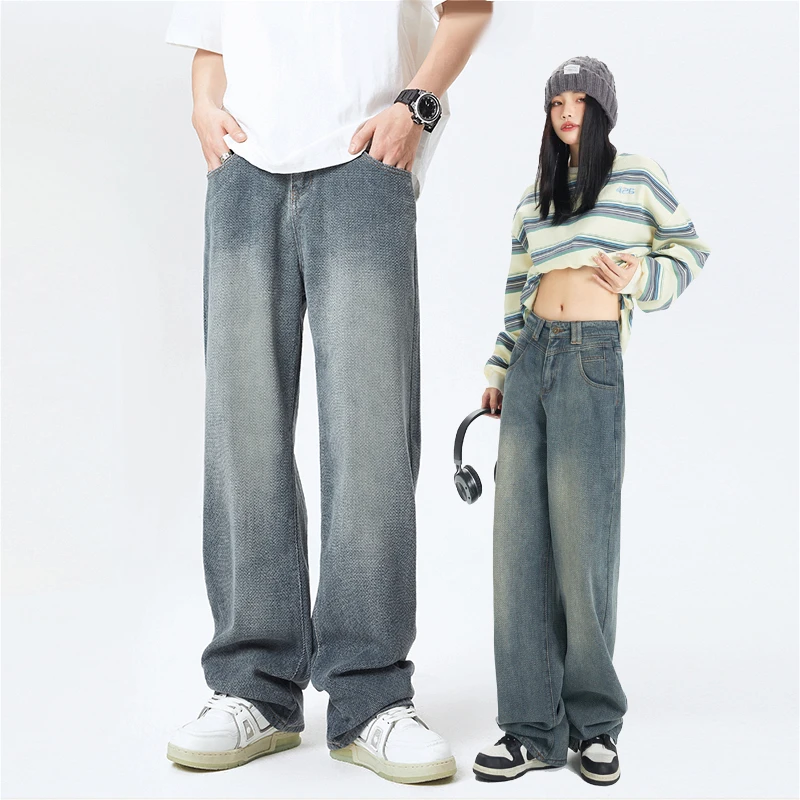 男女同款秋季新款美式高街潮流复古水洗牛仔裤直筒显瘦阔腿情侣