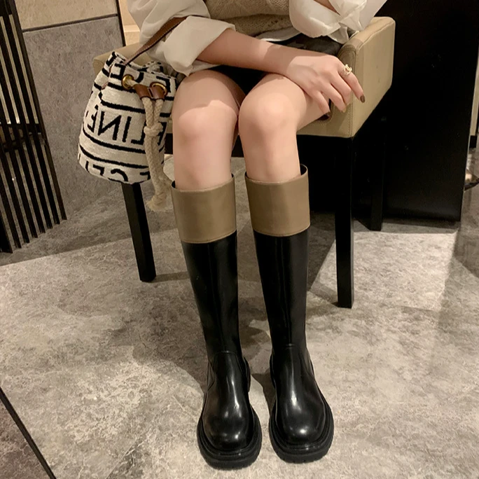 24年秋冬款拼色圆头厚底粗跟真皮中长筒靴显瘦骑士靴女厚底高筒靴