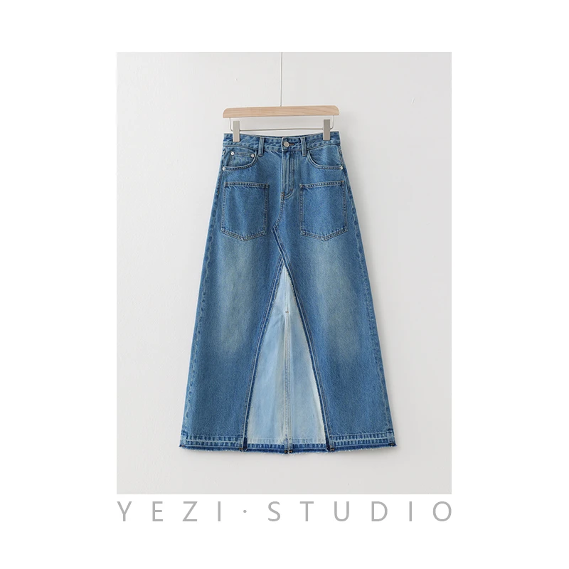 复古时髦撞色拼布前后开叉牛仔半身长裙24121214