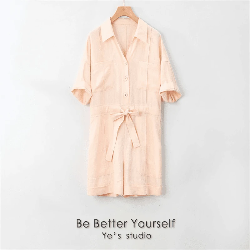 【反季】“桃汁气泡”率性百百苎麻收腰贴袋翻边连体裤23232402