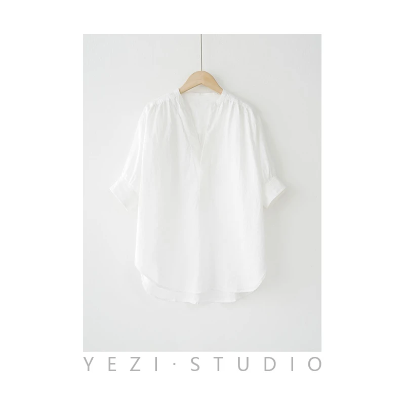 云罗衫-V领佰百亚麻透气短袖衬衣衬衫24116292